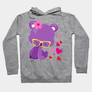 Valentine's Day Bear, Purple Bear, Glasses, Hearts Hoodie